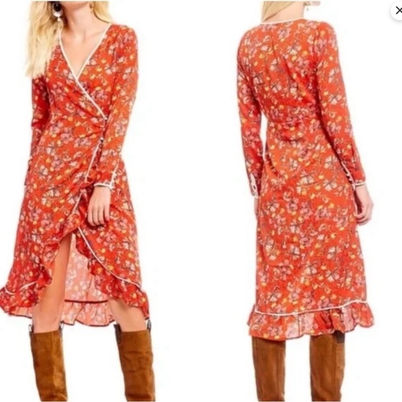 Free People Dresses & Skirts - Free People Covent Garden Long Sleeve Red Midi Floral Wrap Dress Size 10